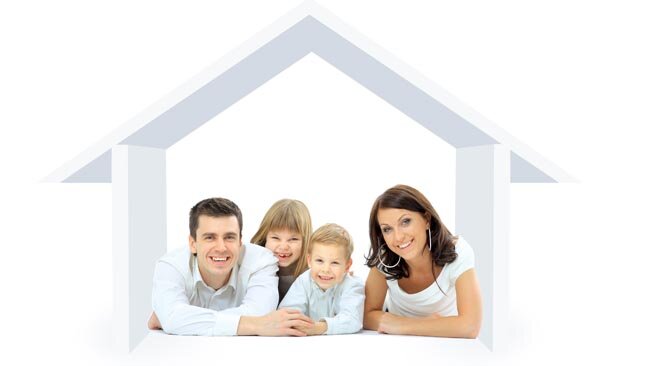 Happy family in a house. Isolated over a white backgroun